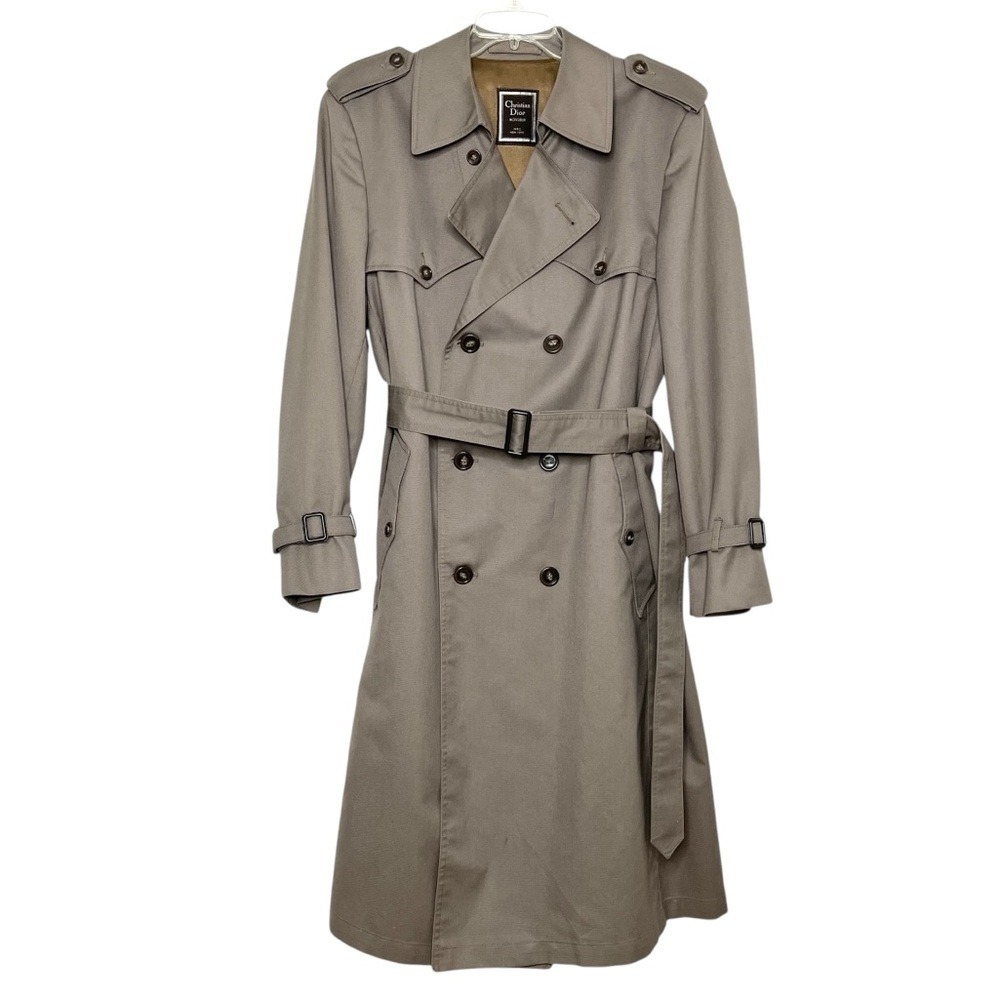 Vintage Christian Dior Men's Mens Trench Coat Jacket Taupe Gray Long Belted 40R